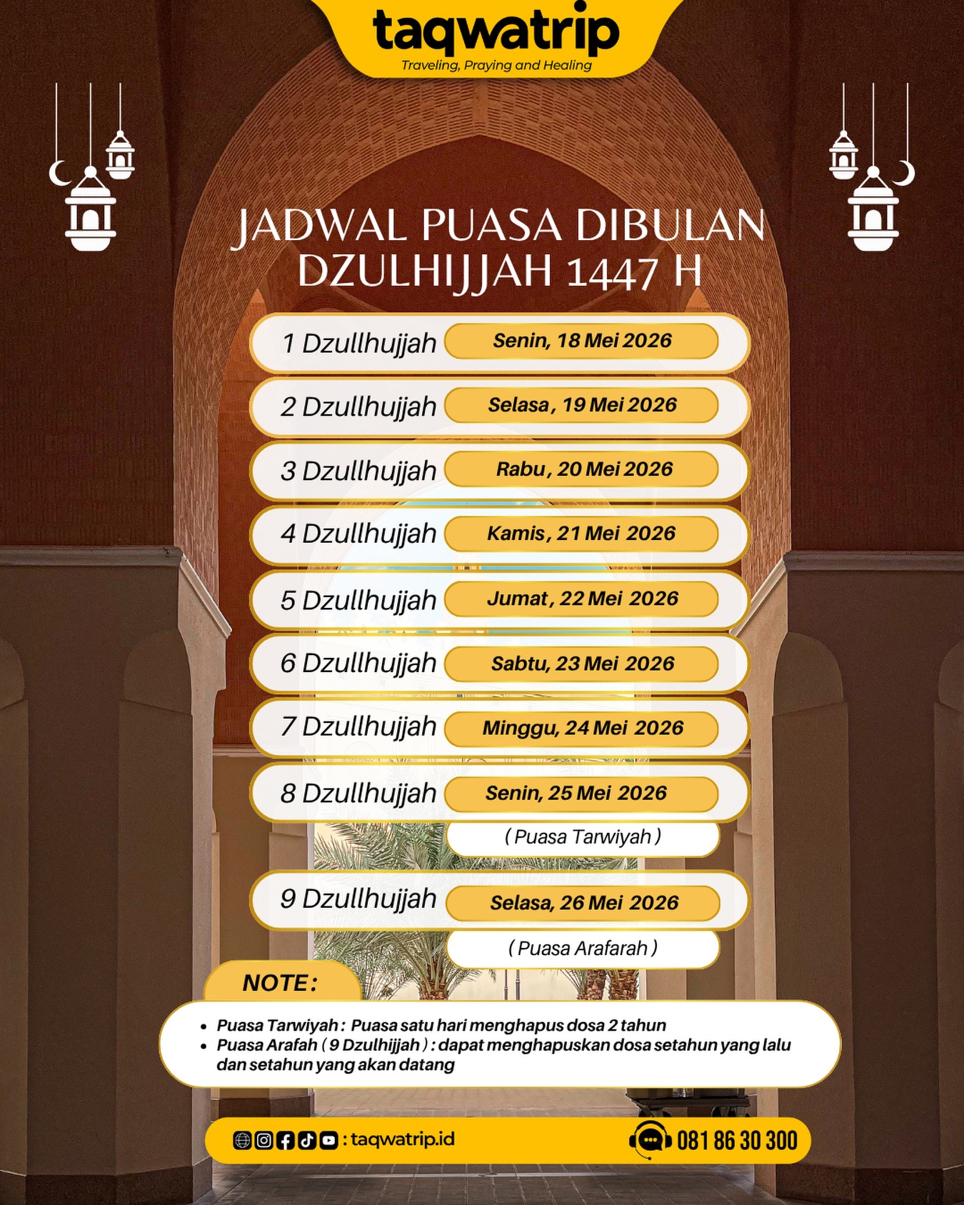 Puasa Dzulhijjah menjadi kesempatan terbaik untuk mendekatkan diri kepada Allah.
Menahan lapar, menjaga hati, dan memperbanyak doa di hari-hari penuh keberkahan 🤍Semoga setiap amal ibadah kita diterima dan dilimpahkan keberkahan. Aamiin 🤲