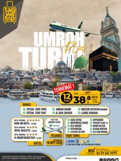 *🇹🇷🕋 UMROH PLUS TURKI 2026*Satu Perjalanan, Dua Keberkahan. Bayangkan mengawali perjalanan dengan menapakkan kaki di negeri penuh sejarah peradaban Islam, lalu melanjutkan ibadah ke Tanah Suci untuk memenuhi panggilan Allah SWT.Bersama Taqwatrip, nikmati pengalaman Umroh Plus Turki 12 Hari dengan fasilitas terbaik dan harga yang bersahabat.💰 ALL IN mulai dari IDR 38,8 Juta
✨ Tanpa biaya tambahan
🗓 Keberangkatan: 16 September 2026
✈️ Maskapai: Saudia Airlines
📍 Start From Jakarta (CGK)🎁 BONUS SPESIAL:
✅ Spesial Tour Turki
✅ GRATIS Tour Thaif
✅ Jamuan Arabic
✅ Al Baik Chicken
✅ Museum Assyafiah Madinah
✅ Akses Lounge Bandara📍 Destinasi Tour Turki:
🕌 Hagia Sophia
🚢 Bosphorus Cruise
💙 Blue Mosque
🕌 Ayub Mosque
🏭 Leather Factory
🏛 Hippodrome
👑 Topkapi Palace
🛍 Grand Bazaar
🏔 Uludag Mountain
🕌 Ulu Cami Mosque
🏨 Hotel Pilihan:
⭐ Istanbul – Park Inn Hotel / Setaraf
⭐ Makkah – Royal Majestic / Setaraf
⭐ Madinah – Al Anshar Golden Tulip / Setaraf📲 Kuota terbatas. Hubungi tim Taqwatrip sekang!
@taqwatrip.id